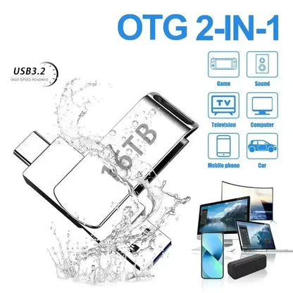 64TB USB 3.2 Flash Drive High Speed 2TB USB Transfer Type-C 2-In-1 16TB OTG Pendrive Waterproof Flash Disk For Computer Storage