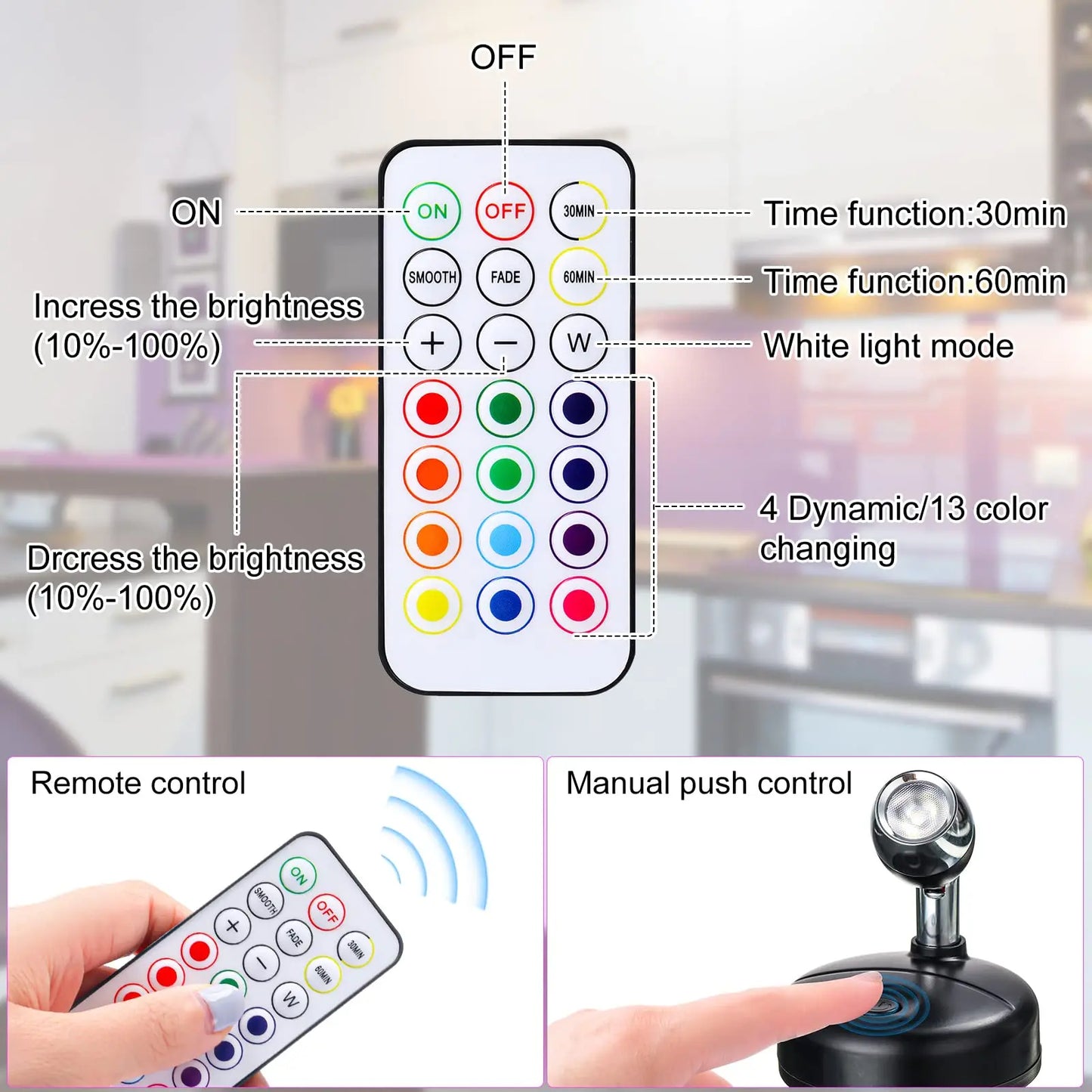 Battery Operated Spotlights, Indoor LED Wireless Spotlight, Indoor 13 Color Uplights with Rotatable Light Head, Stick-on Wall Hallway