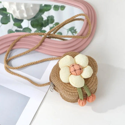 Bolso bandolera de paja duradero, monedero tejido con flores, bolso de mano para niñas, bolso de hombro tipo mensajero para niños, mini bolso de princesa lindo de verano