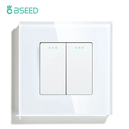 Bseed EU Standard Mechanical Reset Switch 1/2/3Gang 1Way Push Button Switches With Crystal Glass Panel White Black 250V