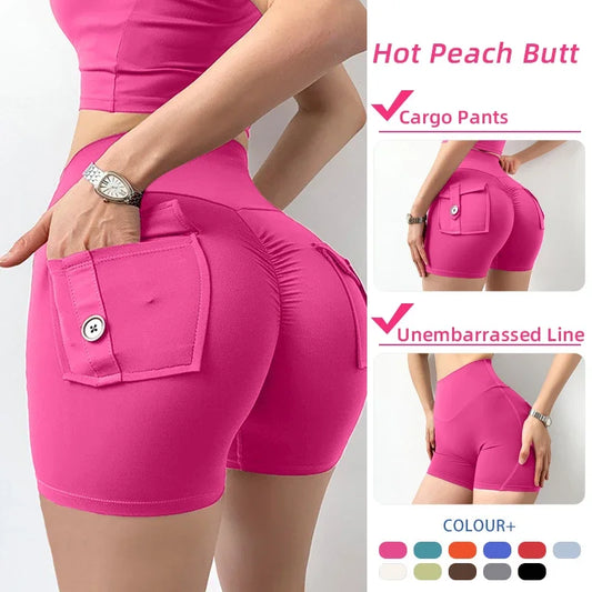 Pantalones cortos de yoga para mujer, con bolsillo, fruncidos, mallas de gimnasia de cintura alta que realzan los glúteos, mallas deportivas sexis, pantalones cortos para correr y fitness