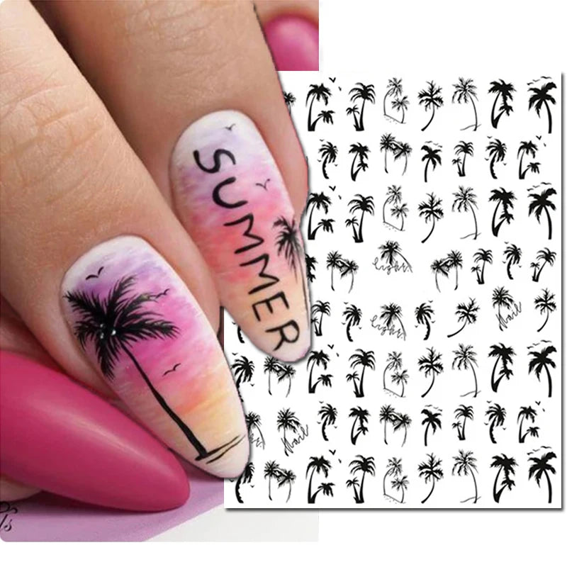 3d Nail Art Decals Tropical Palm Leaves Flowers Laces Faces Adhesive Sliders Nail Stickers Decoration For Nail Manicure