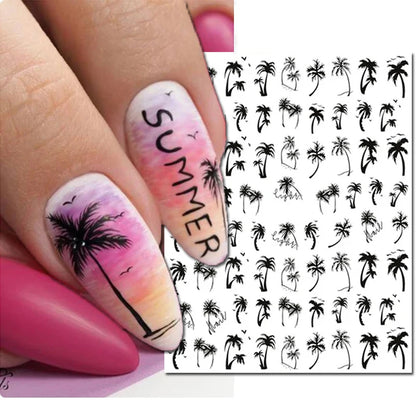 3d Nail Art Decals Tropical Palm Leaves Flowers Laces Faces Adhesive Sliders Nail Stickers Decoration For Nail Manicure