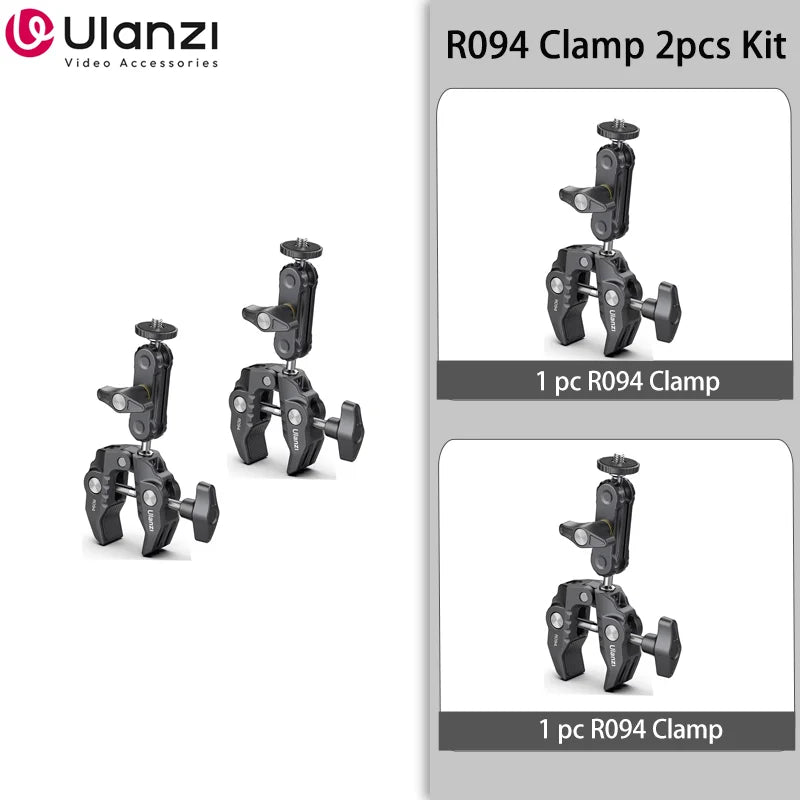 Metal Super Clamp with Double Ball Head, Magic Arm Clamp with 1/4" 3/8" Hole for DSLR Camera Monitor Light Mic Mount, Ulanzi R094