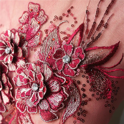 Grey Blue Red 3D Flower Leaf Lace Fabric Sequin Rhinestone Embroidered Gown Appliques Collar Mesh Sew Patch For Wedding Decor