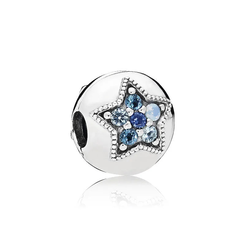 Blue Sparkling Zircon Star Moon Series Charms Beads Fit Original Bracelet Women DIY Pendant Accessories Jewelry 925 Silver Gifts