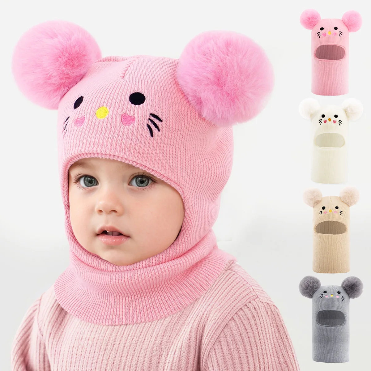 One-piece caps, scarves, and ear protectors for autumn and winter, and embroidered cat headscarves for boys and girls aged 1-6