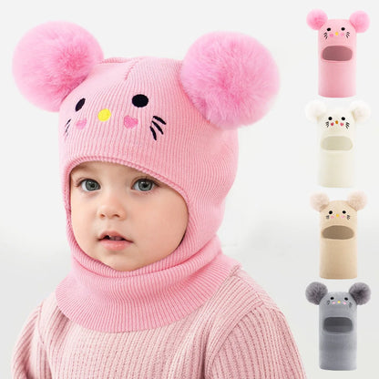 One-piece caps, scarves, and ear protectors for autumn and winter, and embroidered cat headscarves for boys and girls aged 1-6