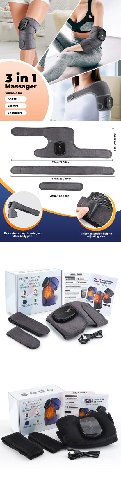 Electric Heated Vibration Knee Massage Pad, 3 in 1 Massager for Shoulder Elbow, Hot Compress Thermal Joint Brace Muscle Relaxation