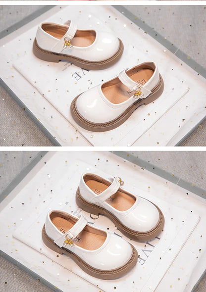Girls' Chic Leather Princess Mary Janes with Pearl Pendant for Wedding Party, Back to School, Dress Flats (Sizes 26-36)