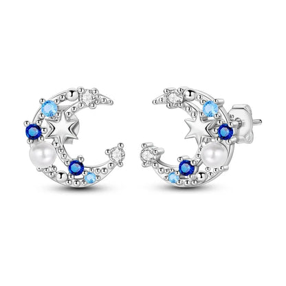 925 Sterling Silver Moon Universe Starry Sky Series Charm Earrings Women Blue Shiny Zircon Daily Wear Jewelry