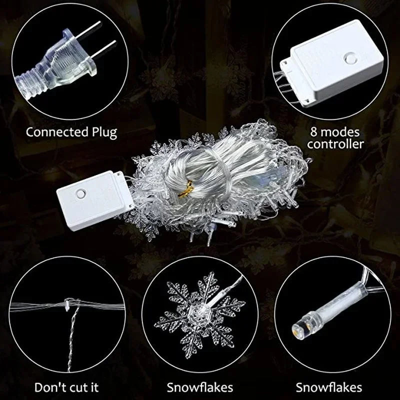 Christmas Snowflakes String Lights Flashing Fairy Curtain Garland Outdoor For Holiday Party New Year 2025 Decoration