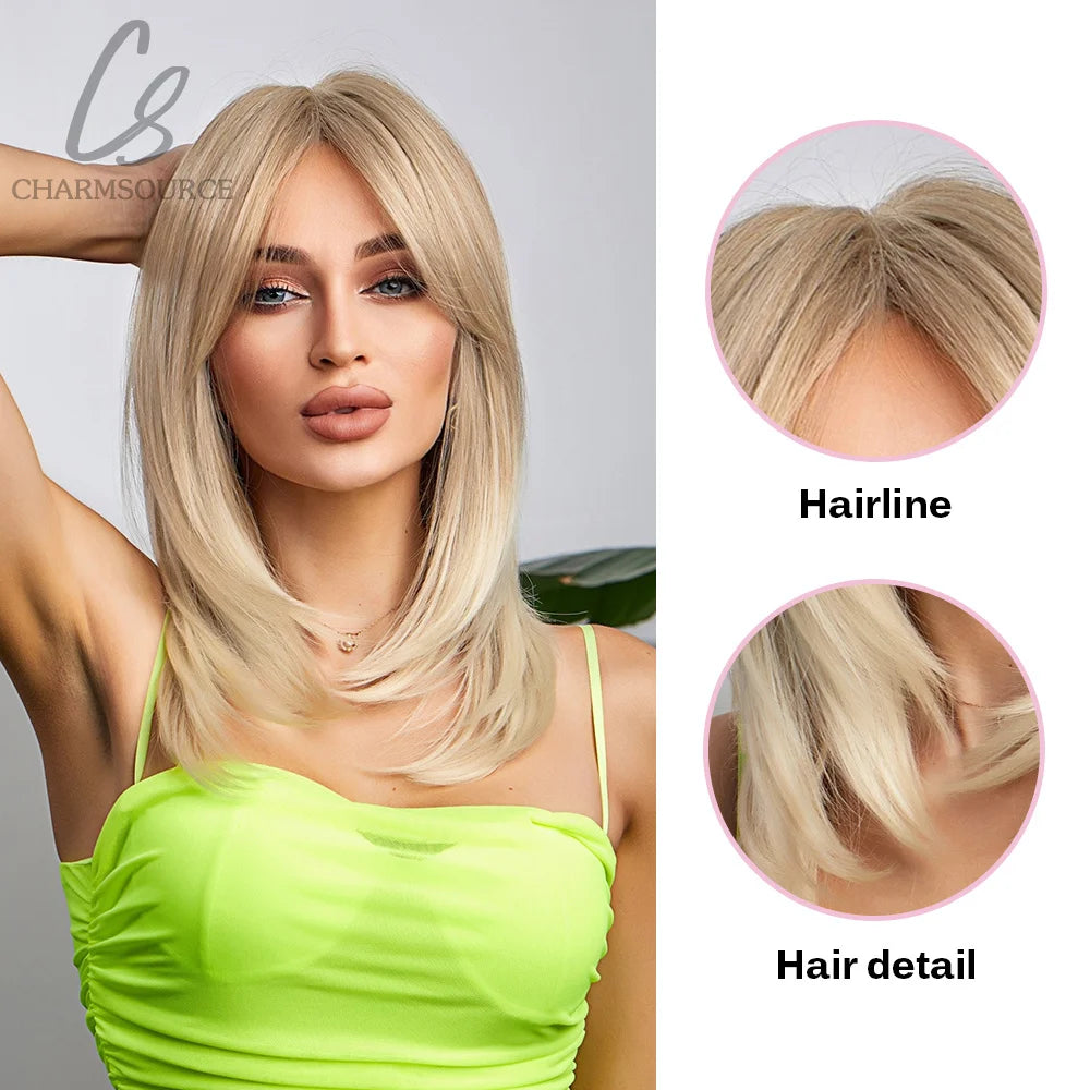 CharmSource Blonde Long Hair Natural Straight Wig, Synthetic Wigs  for Women Daily Party High Density