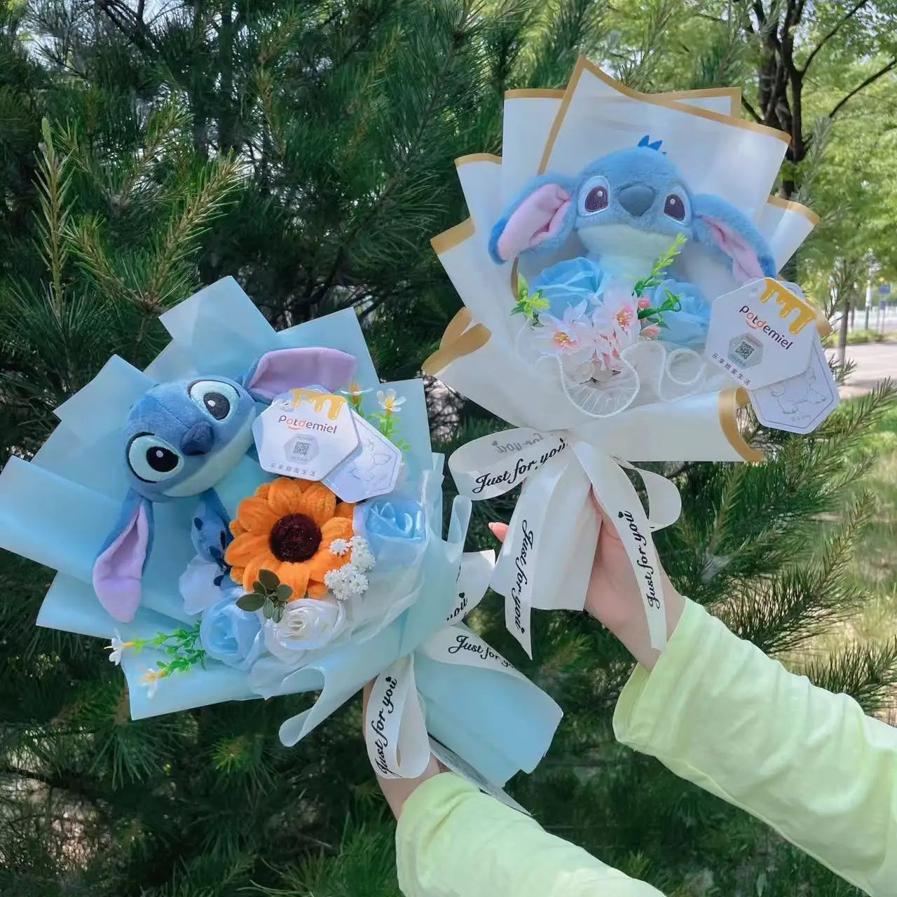 Auténticas muñecas de peluche Amine Stitch con girasoles, rosas, ramos creativos, regalos para Navidad, cumpleaños, graduación y San Valentín