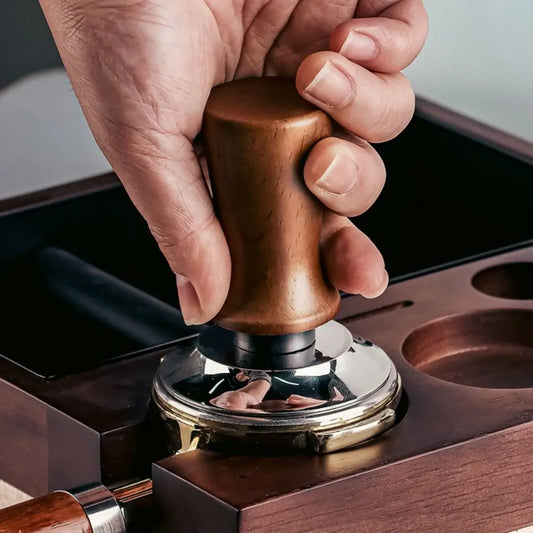 51/53/58MM Coffee Tamper Self-Rebounding Spring Design Coffee Leveler Wood Handle Flat/Threaded Bottom Coffee Powder Press