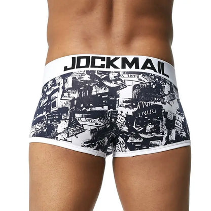 Male Panties, Breathable Boxers, Cotton Men Underwear, U convex pouch Sexy Underpants, Printed leaves Homewear Shorts, JOCKMAIL