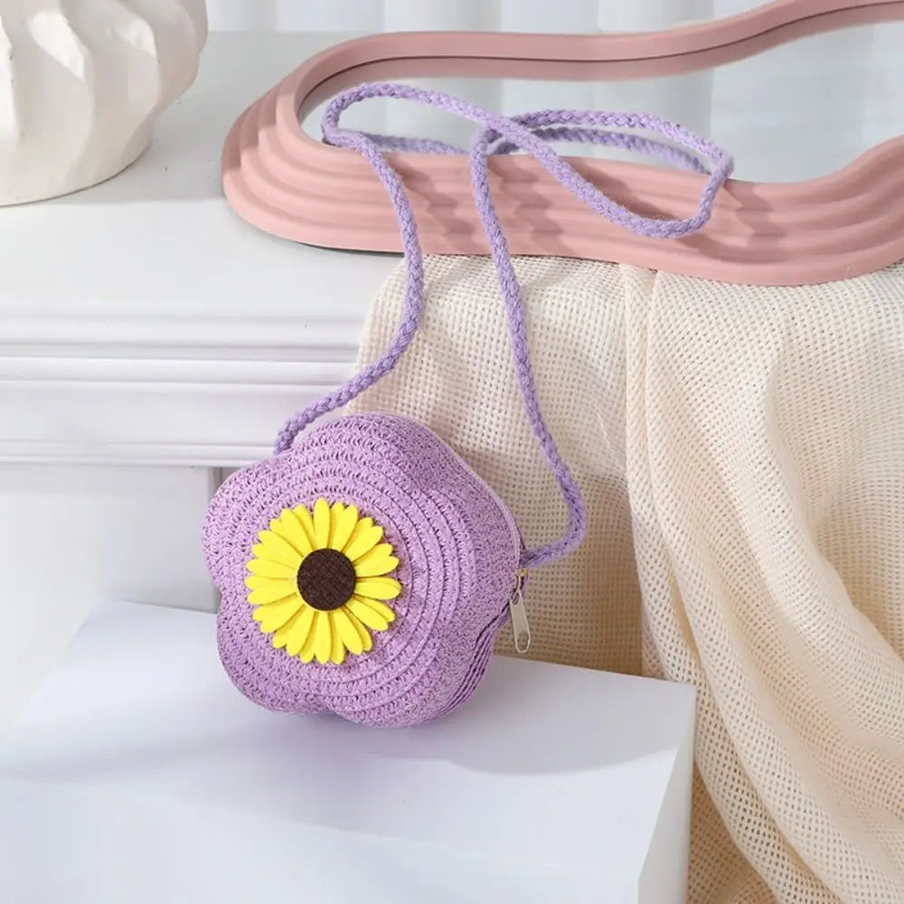 Bolso bandolera de paja duradero, monedero tejido con flores, bolso de mano para niñas, bolso de hombro tipo mensajero para niños, mini bolso de princesa lindo de verano