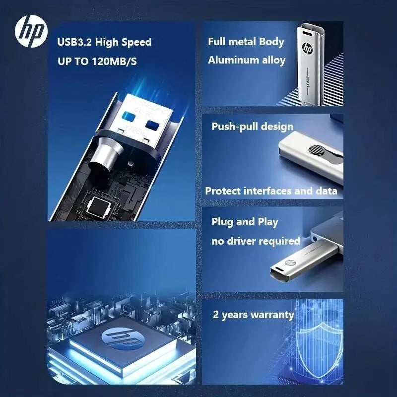 HP USB Flash Drive, 3.2 32GB 64GB, High Speed Sticks, External Storage, Metal Pen Drive, Creative Personality Car Music