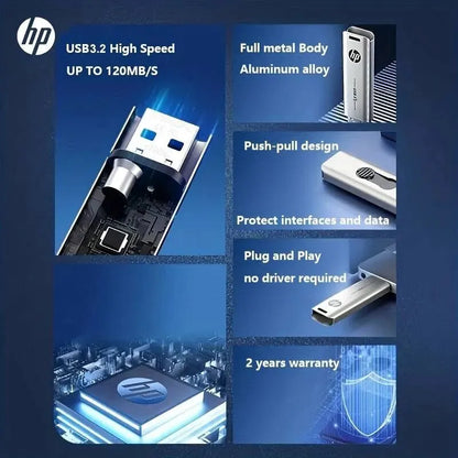 HP USB Flash Drive, 3.2 32GB 64GB, High Speed Sticks, External Storage, Metal Pen Drive, Creative Personality Car Music