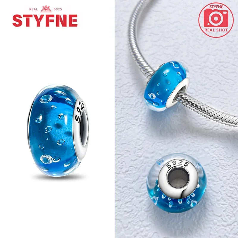 925 Sterling Silver Blue Series Crystal Enamel Murano Charm Bead Fits Original Bracelet for Women DIY Fine Jewelry Gifts