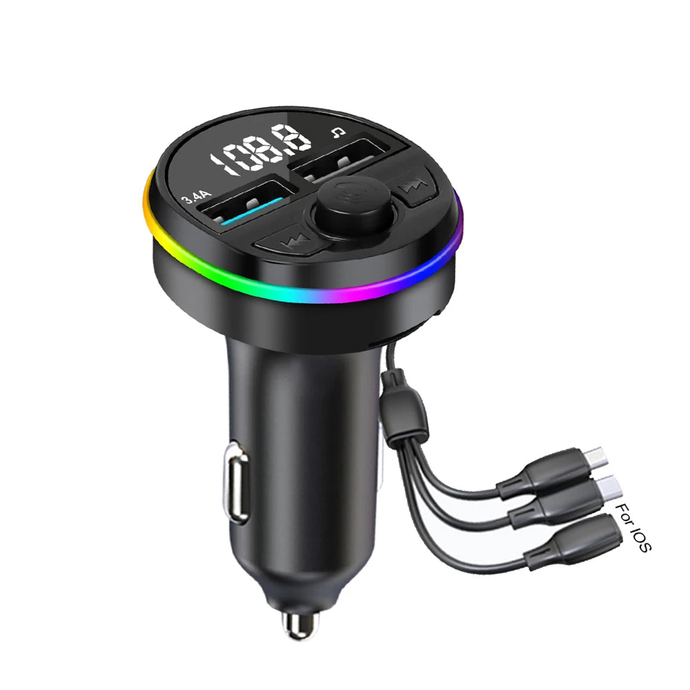 Bluetooth 5.0 FM Transmitter Car MP3 Modulator Player Handsfree Audio Receiver PD+USB Phone Charger With 3 in 1 Charge Cable