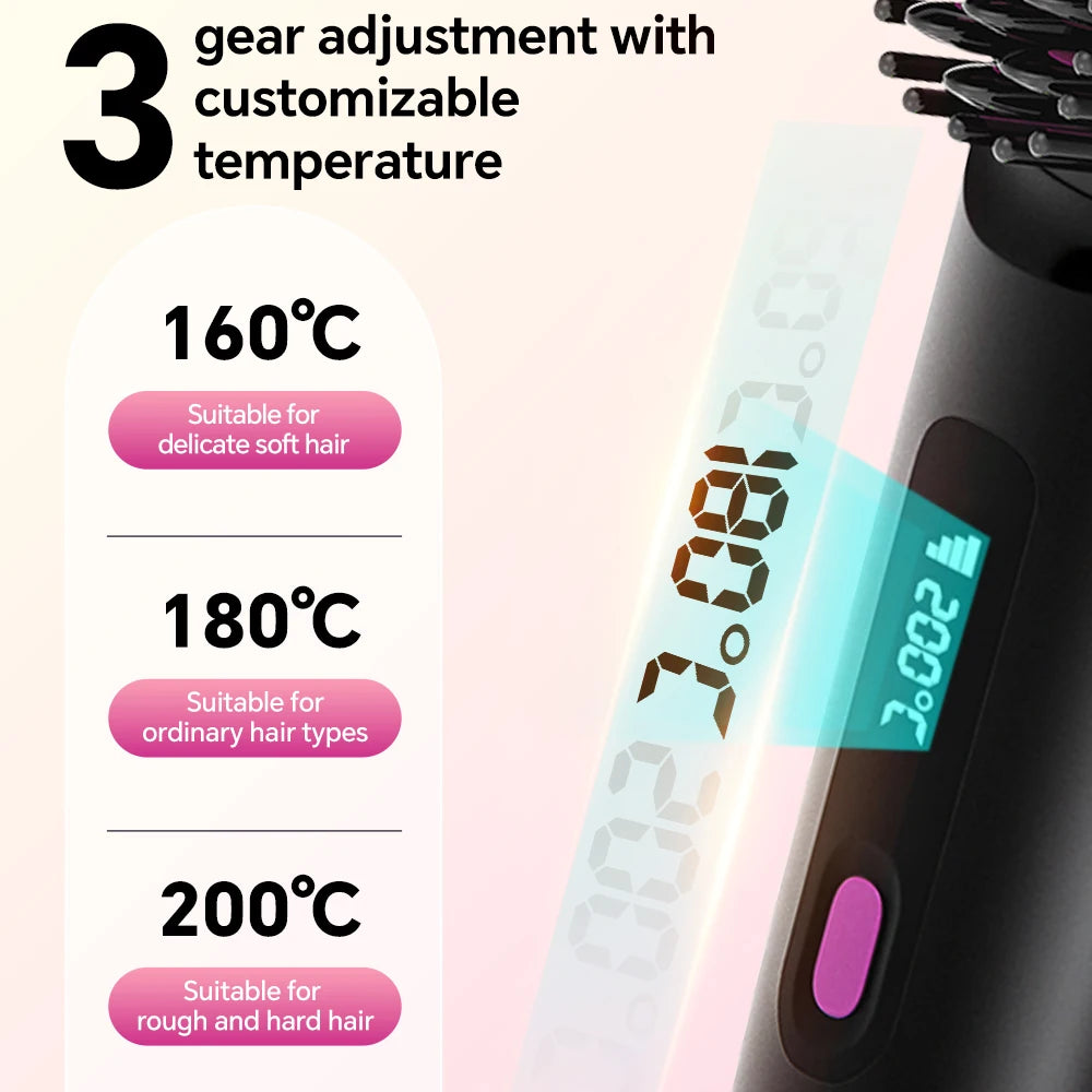 Rechargeable Hair Straightener Brush, Ionic Straightening Comb - 20s Fast Heating, 3 Temp Settings & LED Display for Home Salon