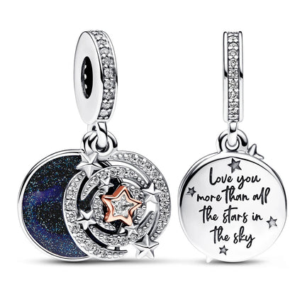 Authentic 925 Sterling Silver Charm Sparkling Star Moon & Sun Pendant Fit Original Bracelets DIY Women Bangles Jewelry Gift