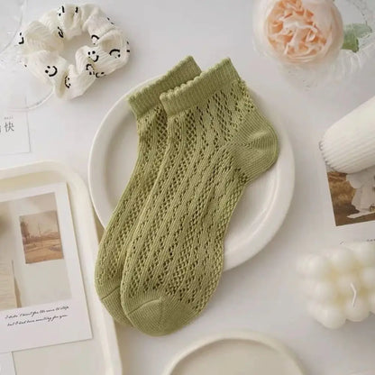 Cotton Women's Socks Frilly Ruffle Socks Spring Summer Casual Ankle Short Boat Socks Loose Knit Solid Color Mid-Calf Socks