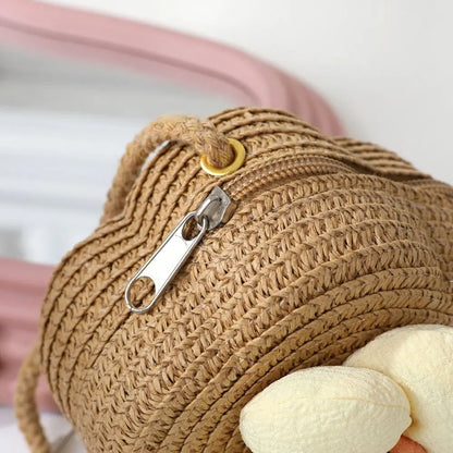 Bolso bandolera de paja duradero, monedero tejido con flores, bolso de mano para niñas, bolso de hombro tipo mensajero para niños, mini bolso de princesa lindo de verano