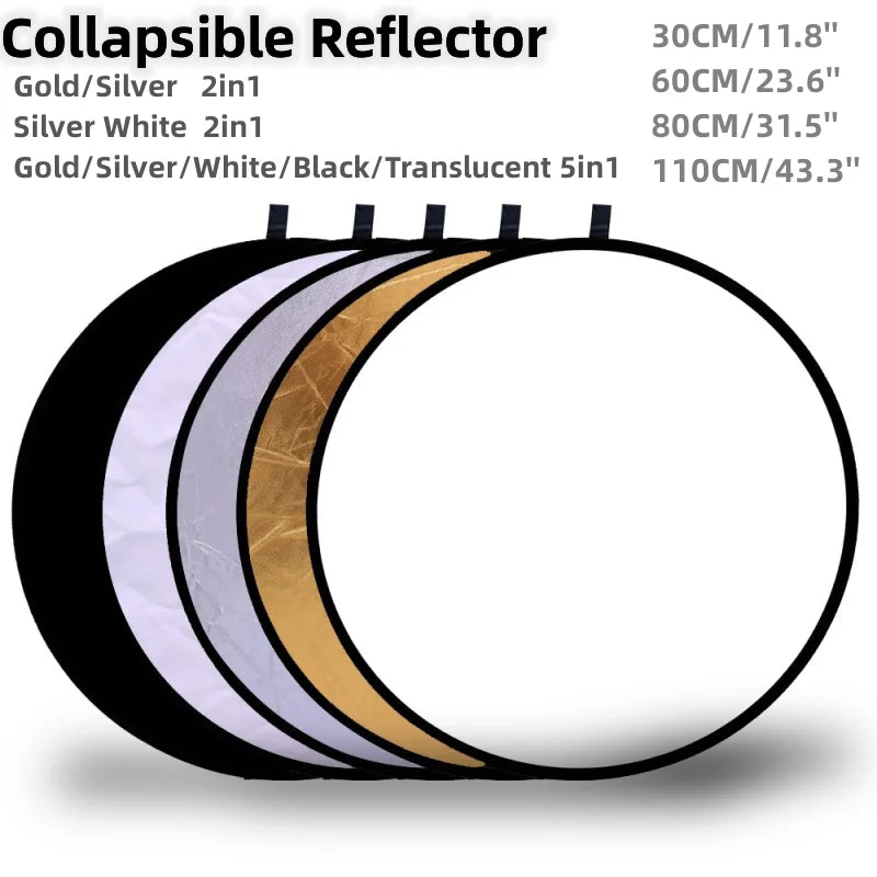 RF01 24" Reflector 5-in-1 30CM 60CM 80CM 110CM Silver White Gold Portable Collapsible Soft Light Round Photography for Studio 2-in-1