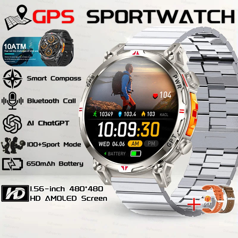 2026 New Outdoor GPS Sports Smartwatches Men Compass 10ATM Waterproof 24/7 Health Monitoring ChatGPT Bluetooth Call Smart Watch