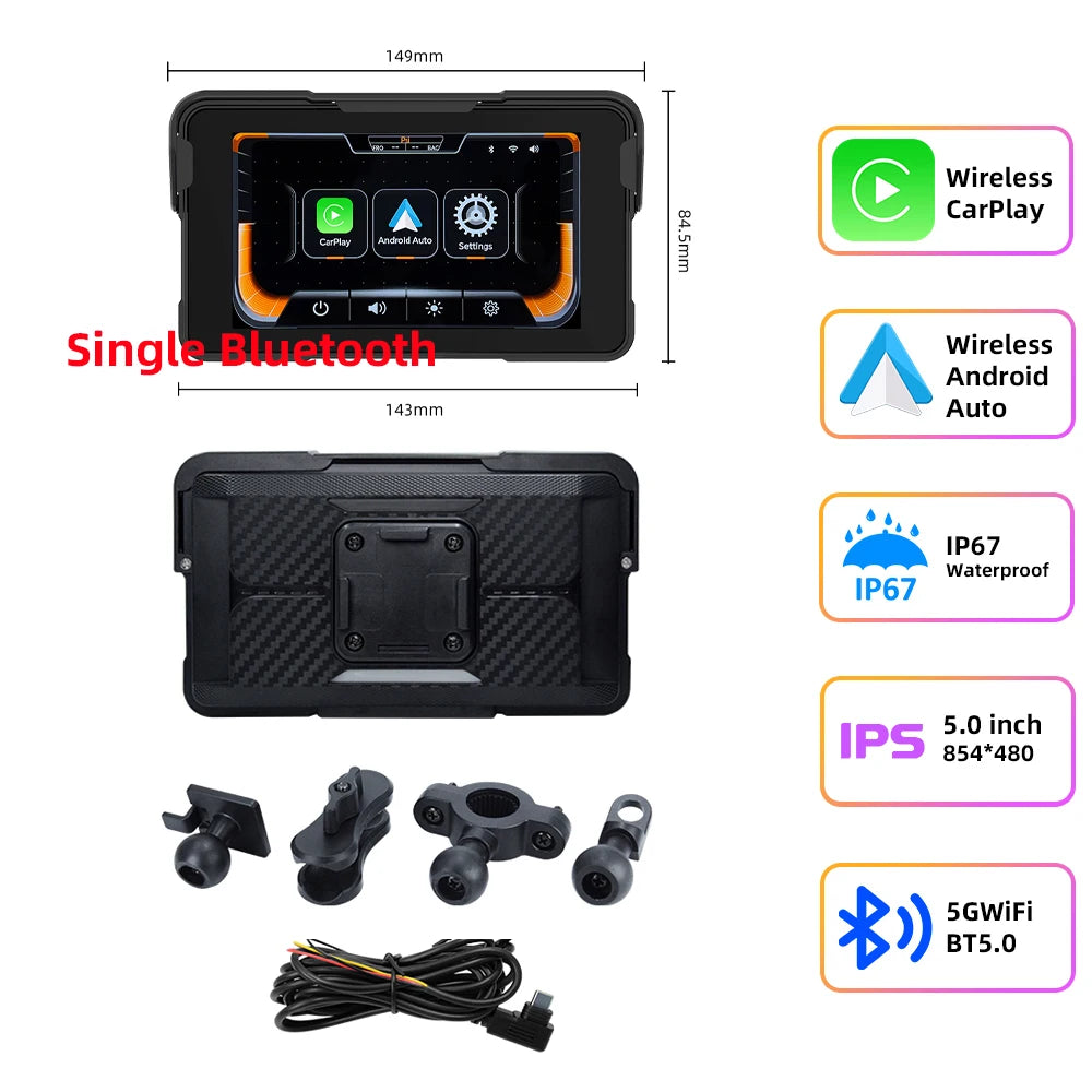 EKIY 5 inch GPS Navigation Motorcycle Wireless Carplay Android Auto IPX67 Waterproof Portable Screen BT Moto Motorbike Monitor
