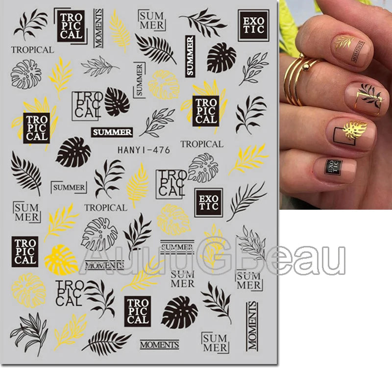 3d Nail Art Decals Tropical Palm Leaves Flowers Laces Faces Adhesive Sliders Nail Stickers Decoration For Nail Manicure