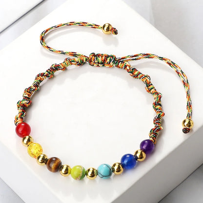 Reiki 7 Chakra Bracelet, Natural Stone Rope, Braided Yoga Healing Gold Color Copper Beads Bracelets & Bangles Meditation Jewelry