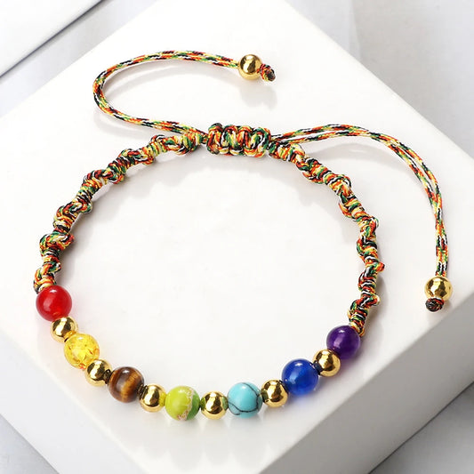 Reiki 7 Chakra Bracelet, Natural Stone Rope, Braided Yoga Healing Gold Color Copper Beads Bracelets & Bangles Meditation Jewelry