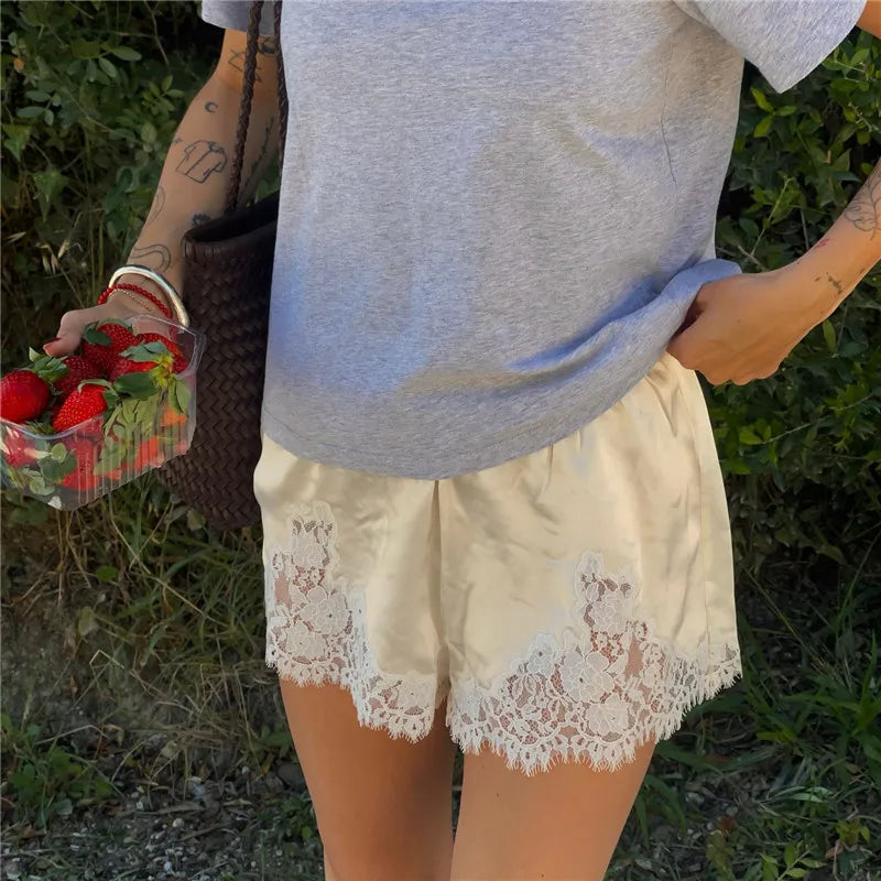 Women Satin Silk Lace Trim Shorts, Silky Low Rise Boxer Shorts, Y2k Teen Girls Cute Y2K Coquette Lounge Slip Bottoms, HIRIGIN
