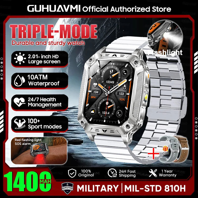 2026 New Military 1400mAh Battery Smart Watch LED Flashlight 10ATM Waterproof Heart Rate Voice Call Men 120+Sports Smart watchs