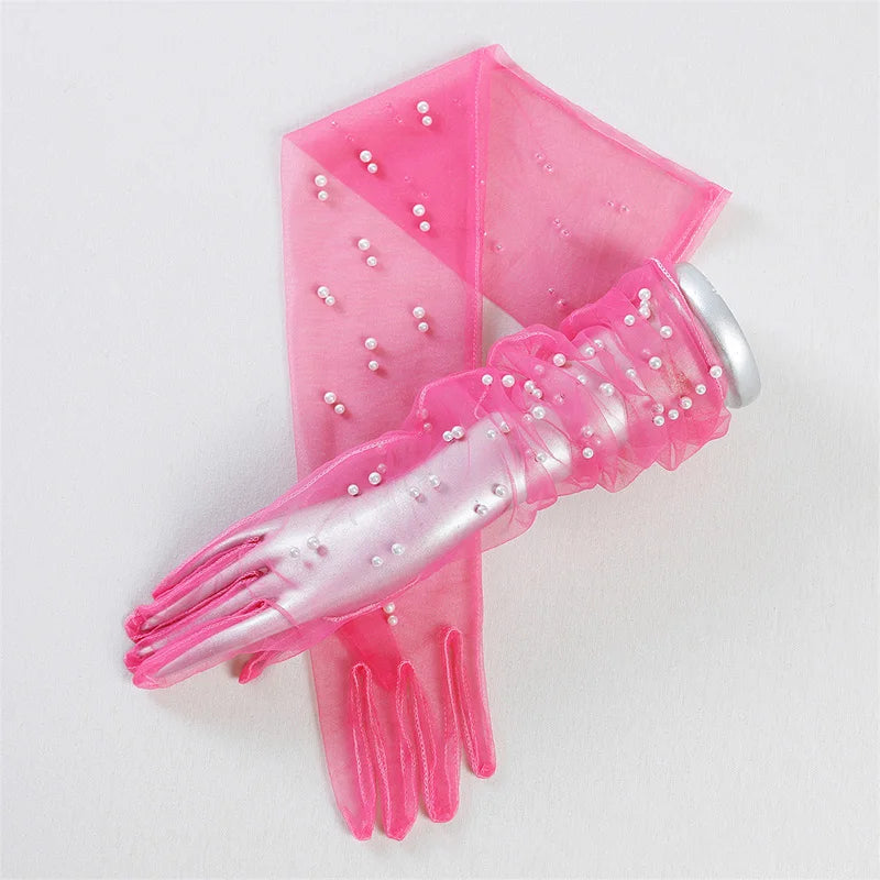 55 cm Transparent Wedding Gloves Pearls Long Elbow Mittens Mesh Arm Covers Women Party Bridal Dress Accessories Photo Props