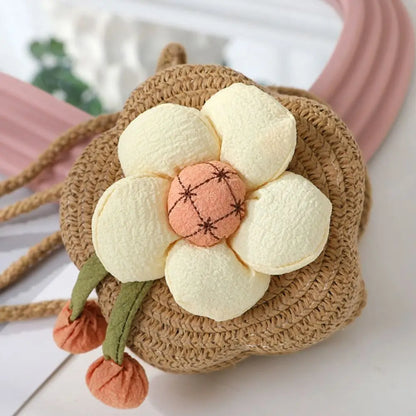 Bolso bandolera de paja duradero, monedero tejido con flores, bolso de mano para niñas, bolso de hombro tipo mensajero para niños, mini bolso de princesa lindo de verano