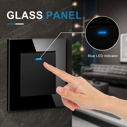 novski Crystal Tempered Glass Panel 1 Gang 1way, 1 Gang 2way, 2 Gang 1way, 2 Gang 2way, Wall Switch with LED Indicator 16A 250V