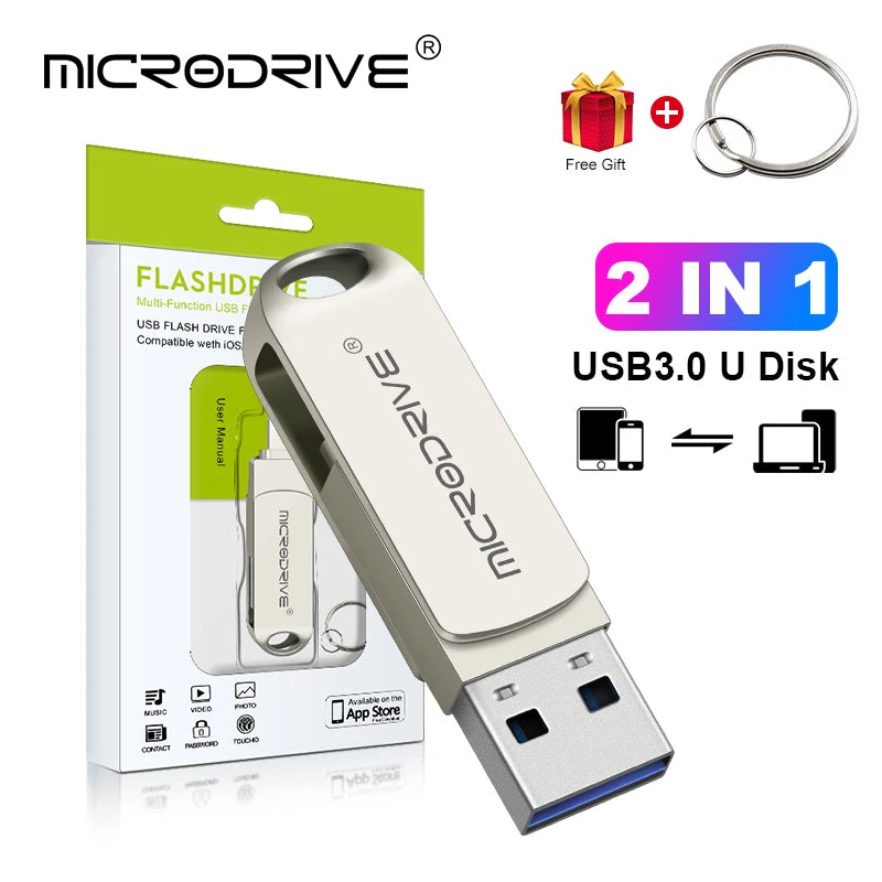 OTG Flash Drive USB 3.0 for iPhone with 2-in-1 USB-to-Lightning & USB 3.0 Pendrive for iPhone 6/7/8/11/12/13/14 / for iPad