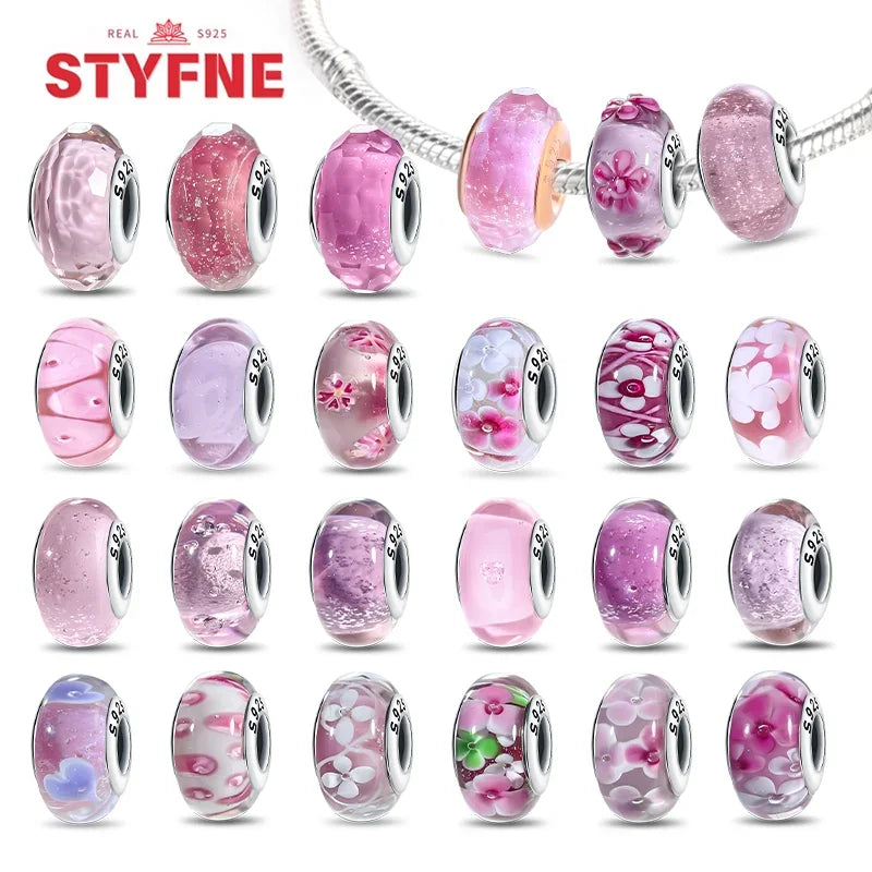 925 Sterling Silver Pink Color Series Beads Heart Flower Murano Glass DIY Jewelry Charms Fit Original Bracelet for Women Fine Gifts