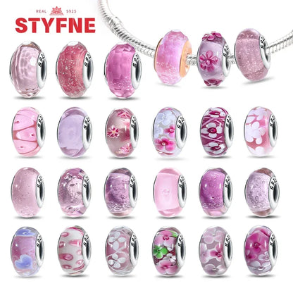 925 Sterling Silver Pink Color Series Beads Heart Flower Murano Glass DIY Jewelry Charms Fit Original Bracelet for Women Fine Gifts