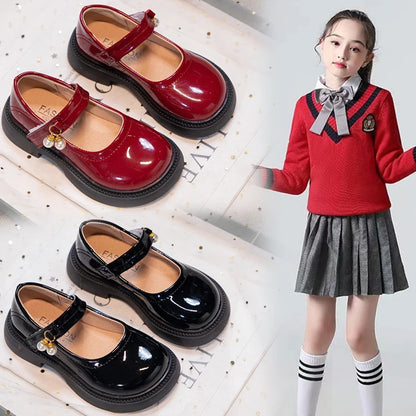 Girls' Chic Leather Princess Mary Janes with Pearl Pendant for Wedding Party, Back to School, Dress Flats (Sizes 26-36)