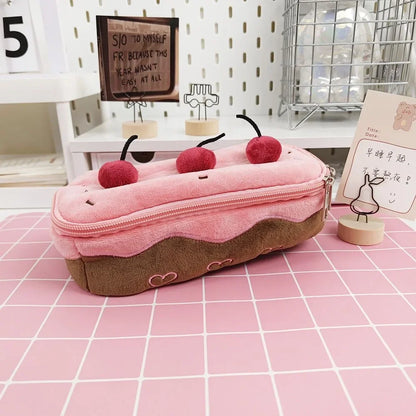 Cute Pencil Bag Plush Cherry Cake Pencil Case Large Capacity Student Stationery Storage for Girls Kids Back to School Gift