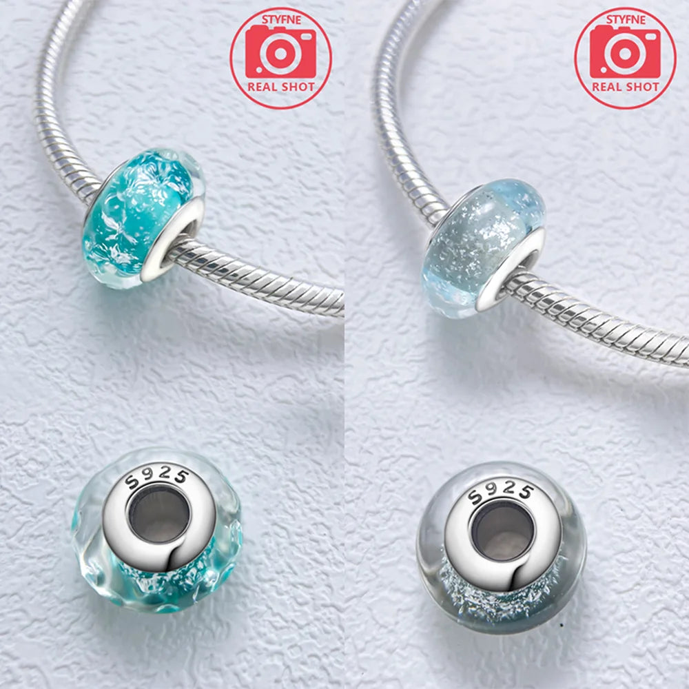 Charms 925 Silver Blue Original Stars Heart Zircon Chameleon Panda Glass Beads Fit Bracelet Jewelry Women Diy Accessories