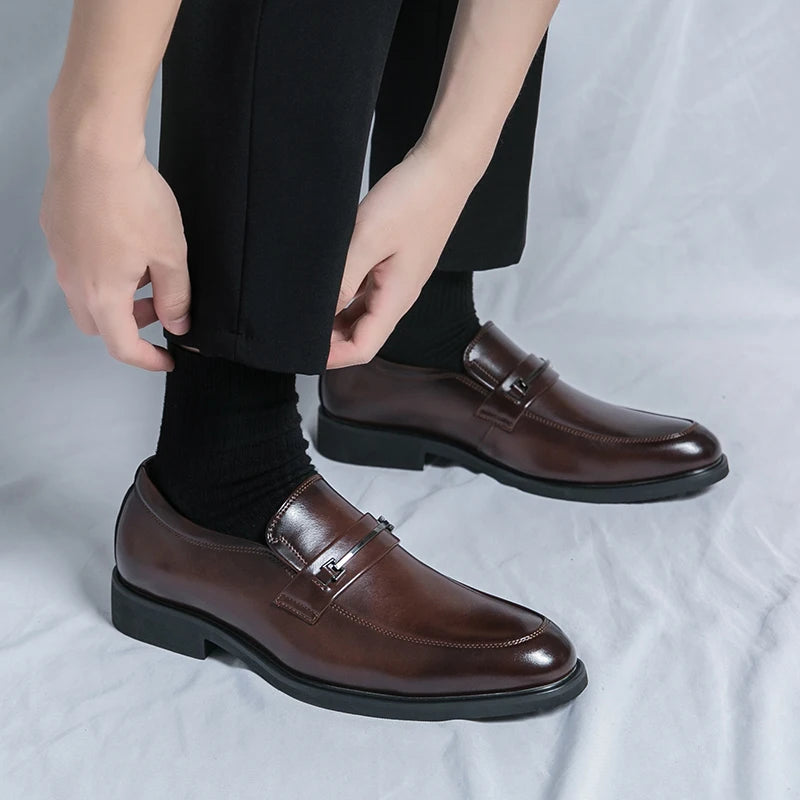 Men's Formal Leather Shoes Classic Style Slip-On Loafers Round Toe Breathable Non-Slip Business Dress Wedding Office Casual Shoes