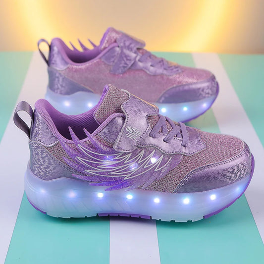 Boys Girls Roller Shoes LED Light Up USB Charging Children Roller Skate Casual Skateboarding Shoes Sports Shoes Kids Sneakers
