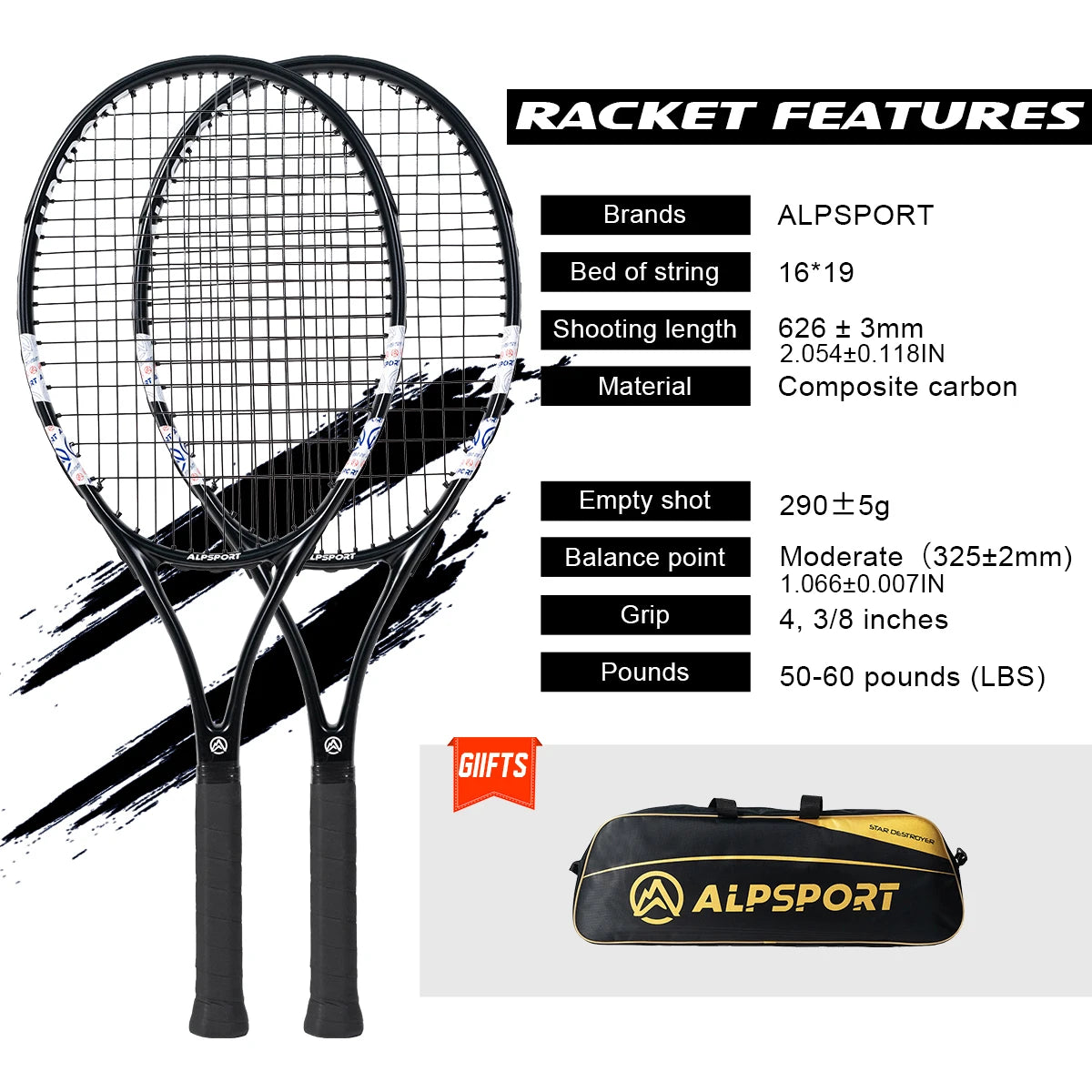Carbon Fiber Tennis Racket, T800 18K-Professional Grade with Bag&Strap Lightweight Training Racquet for Adults Men&Women, ALPSPORT