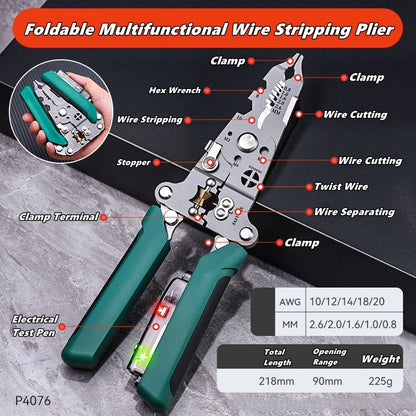 Multifunctional Wire Stripper with Electrical Test Pen, Foldable Cable Cutter, Crimper Tool, Electrical Folding Pliers for Cutting